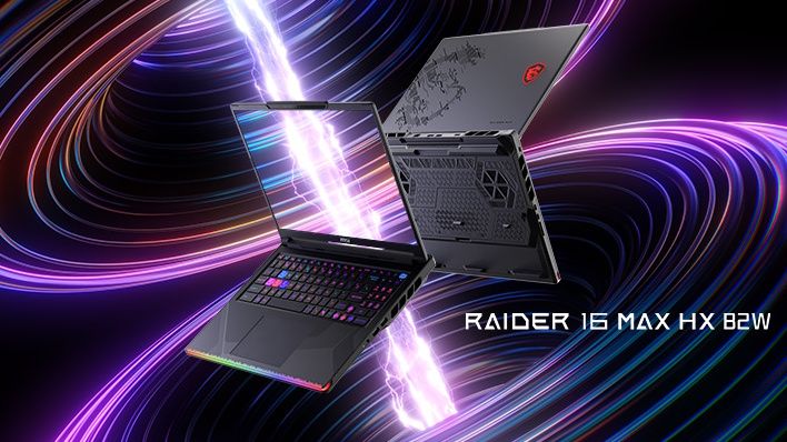 An MSI Raider 16 Max HX B2W gaming laptop on a swirly background.