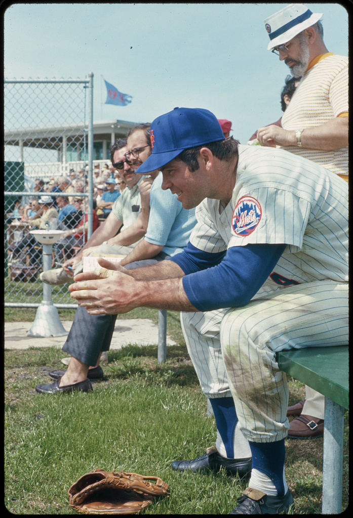 New York Mets logo: Ron Swoboda sits on a bench during the 1970 New York Mets spring training