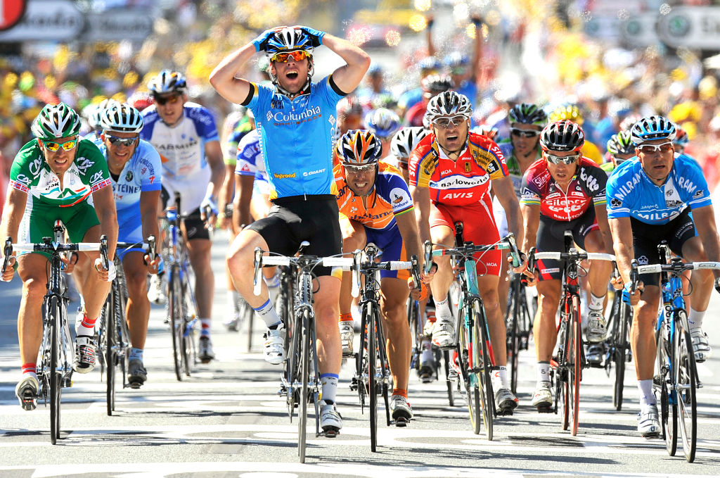 Cycling : Tour De France, Stage 5Arrival Sprint, Cavendish Mark (Gbr) Celebration Joie Vreugde, Freire Oscar (Esp), Zabel Erik (Bel), Hushovd Thor (Nor), Cholet - Ch?Teauroux Chateauroux (232 Km), Ronde Van Frankrijk, Tdf, Etape Rit.