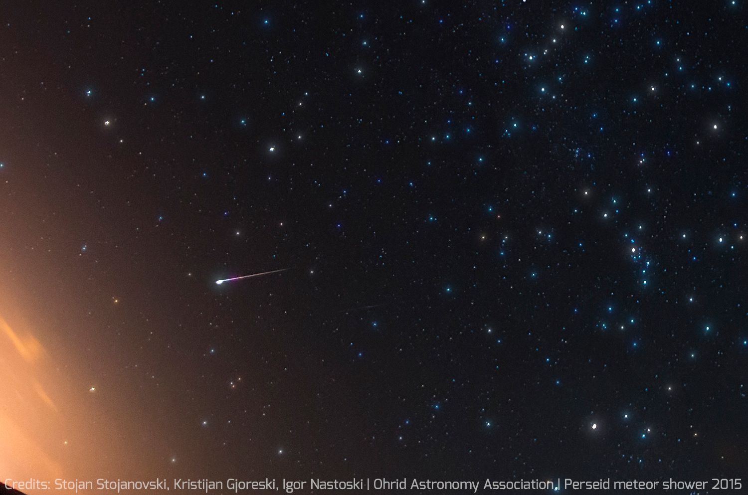 This amazing view of a Perseid meteor was captured by amateur astronomers Stojan Stojanovski, Kristijan Gjoreski and Igor Nastoski of the Ohrid Astronomy Association in Ohrid, Macedonia during the peak of the Perseid meteor shower on Aug. 12-13, 2015.