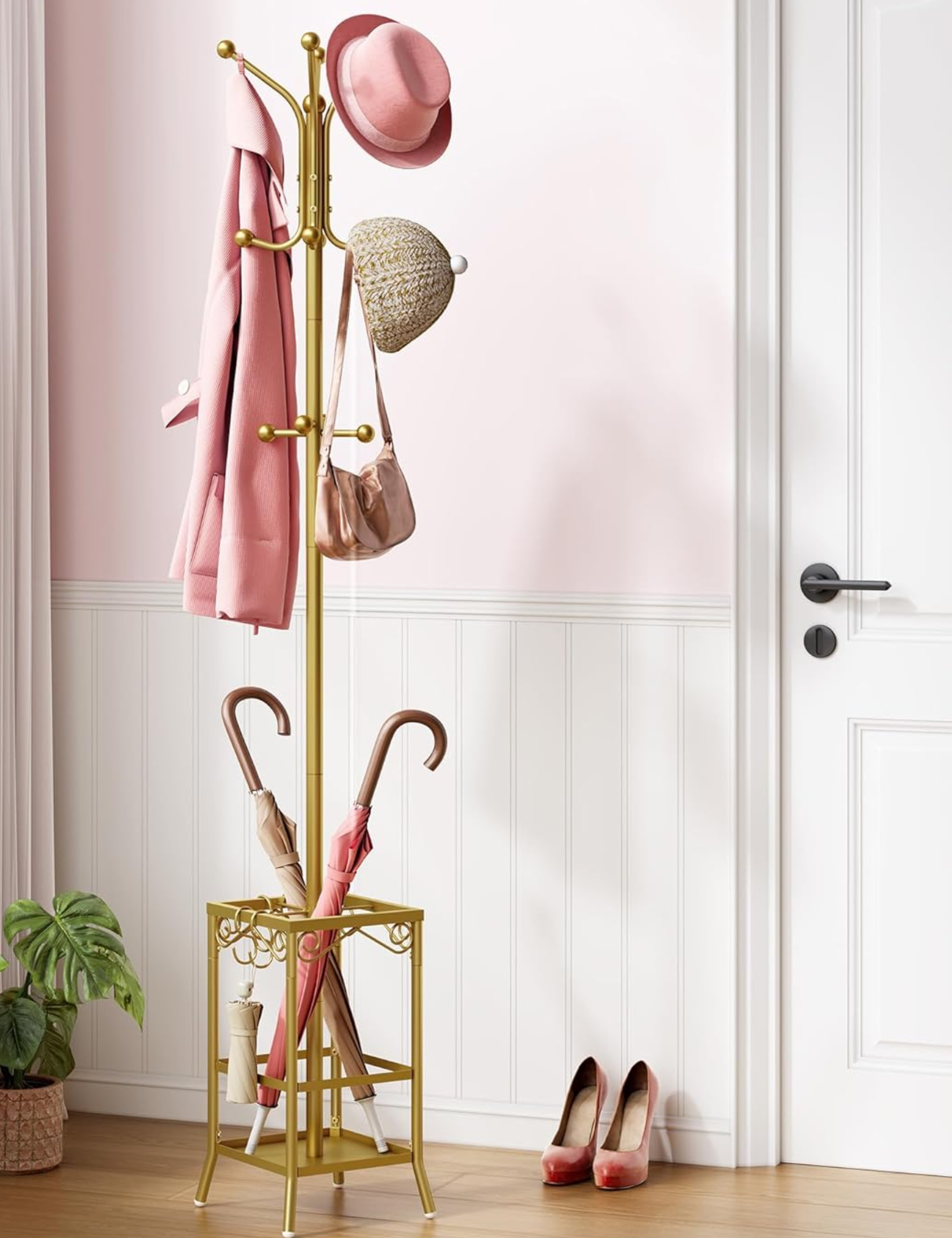 Vintage-style Amazon coat rack pictured in an entryway holding collected garments and accessories