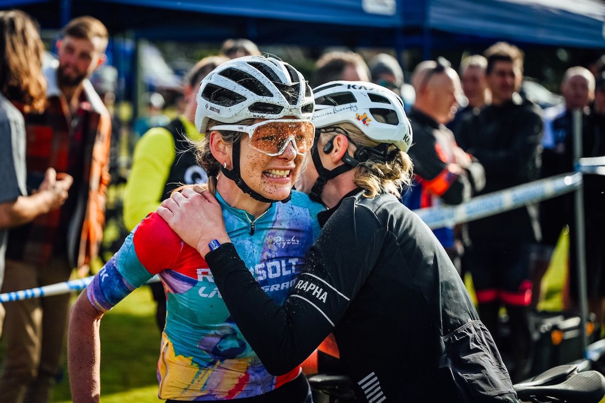 Justine Barrow (Roxsolt Liv SRAM) gets congratulated after winning at Devil&#039;s Cardigan to claim the Australian Gravel National Championships