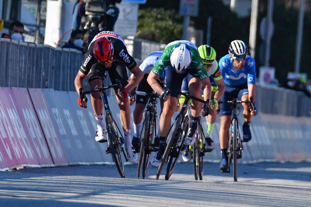 Tirreno Adriatico 2021 - 56th Edition - 6th stage Castelraimondo - Lido di Fermo 169 km - 15/03/2021 - Mads Wurtz Schmidt (DEN - Israel Start-Up Nation) - Brent Van Moer (BEL - Lotto Soudal) - photo Tommaso Pelagalli/BettiniPhoto&Acirc;&copy;2021