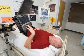 A bed rest study participant at the University of Texas Medical Branch in Galveston, in association with NASA.