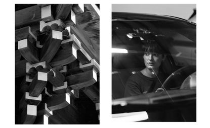 Two black and white photographs side by side, left is crossed over wooden planks and right image is a lady in her car