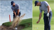 Rory McIlroy hits from the rocks and takes a penalty drop at the Dubai Invitational at Dubai Creek