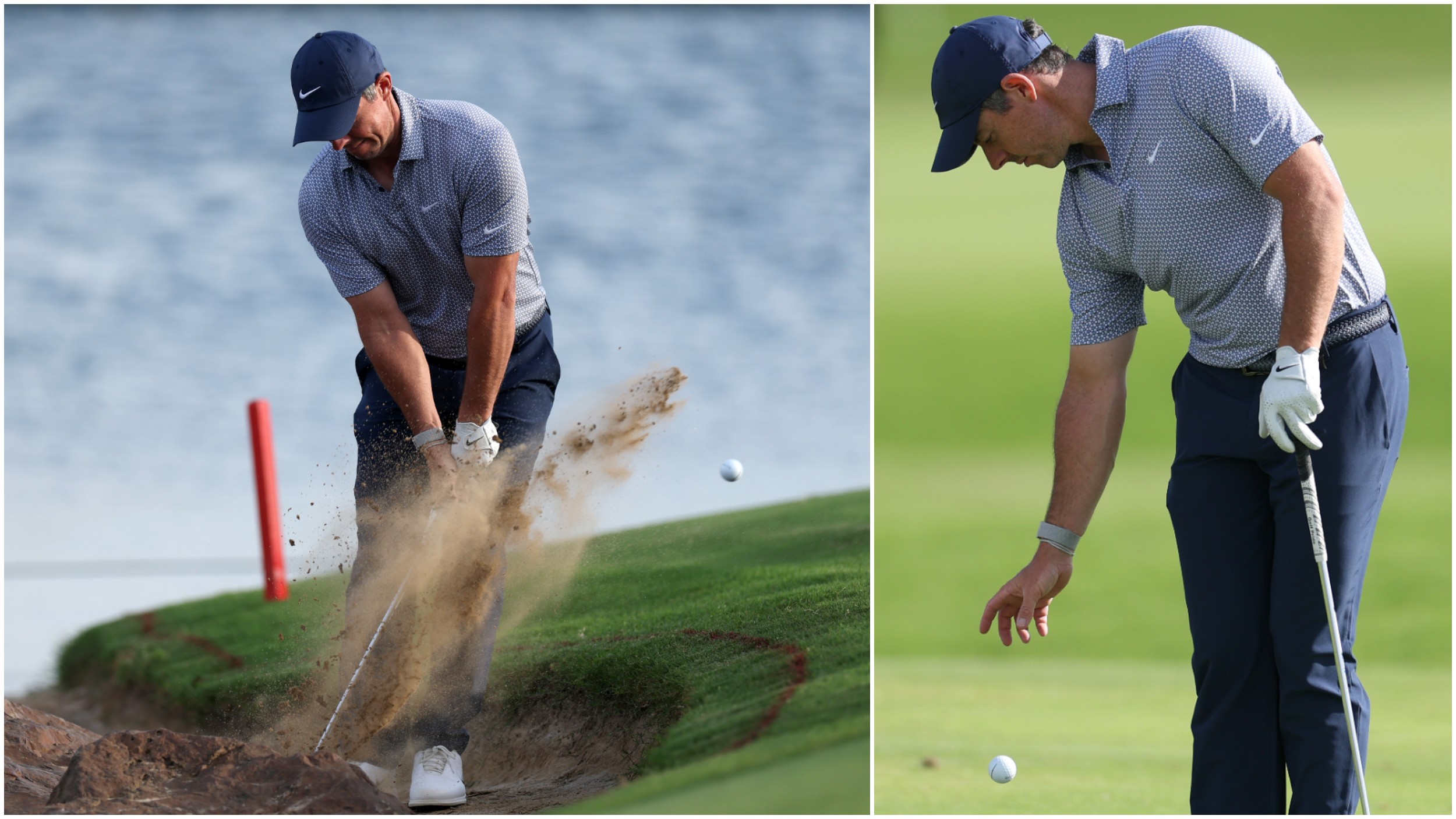 Rory McIlroy hits from the rocks and takes a penalty drop at the Dubai Invitational at Dubai Creek