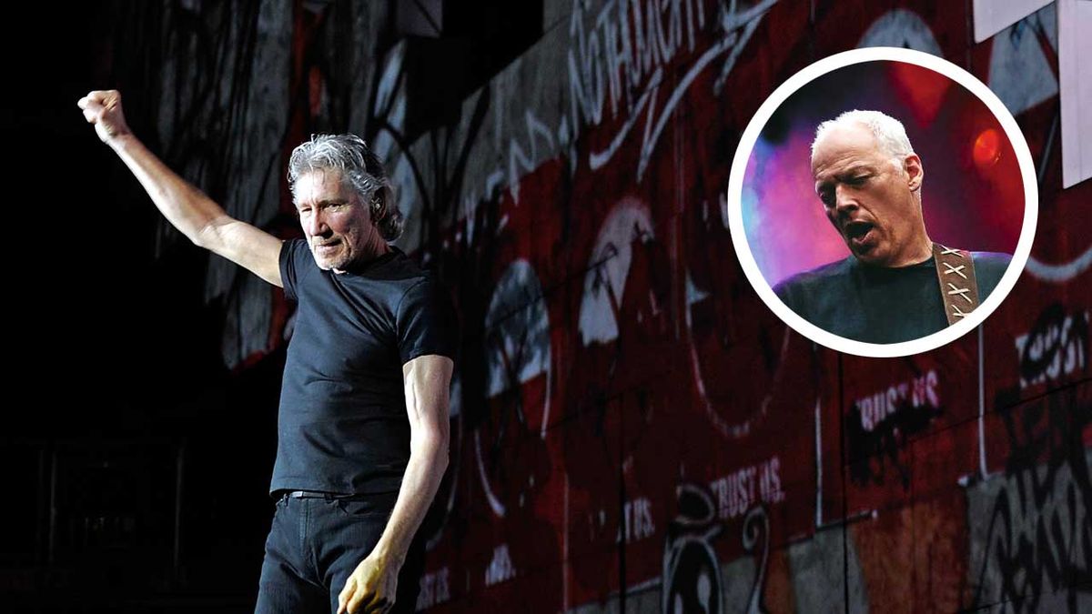 Roger Waters onstage at the O2 in 2011 with (inset) David Gilmour headshot