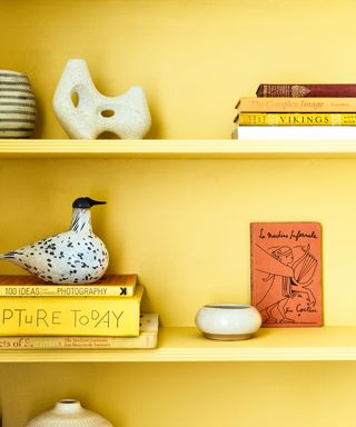 walls and shelving painted in a bright yellow color