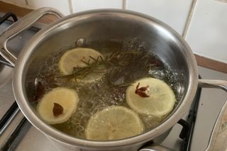 A pot of boiling water with lemon, rosemary and star anise