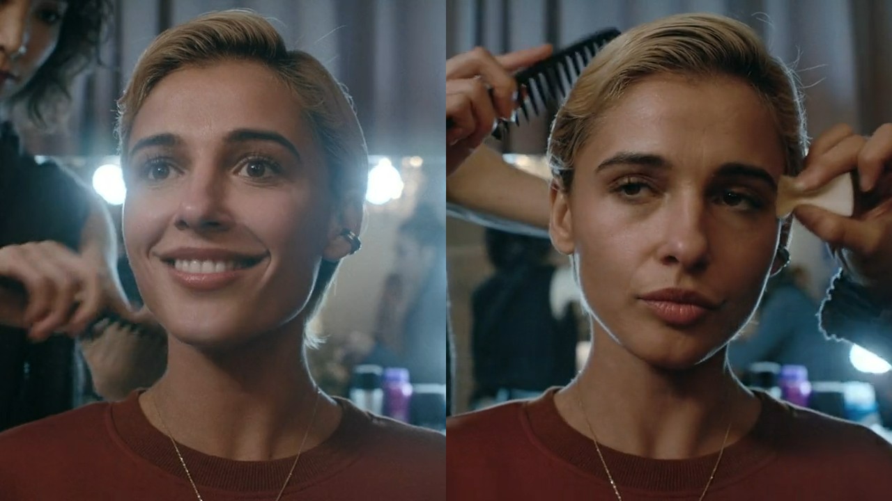 Side by side of Naomi Scott smiling and not smiling in Smile 2.