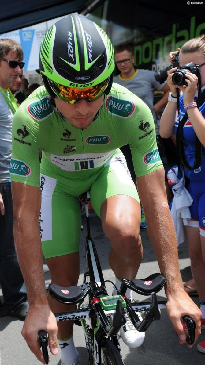 Serial green jersey winner Peter Sagan heads for the start on his Cannondale Slice RS