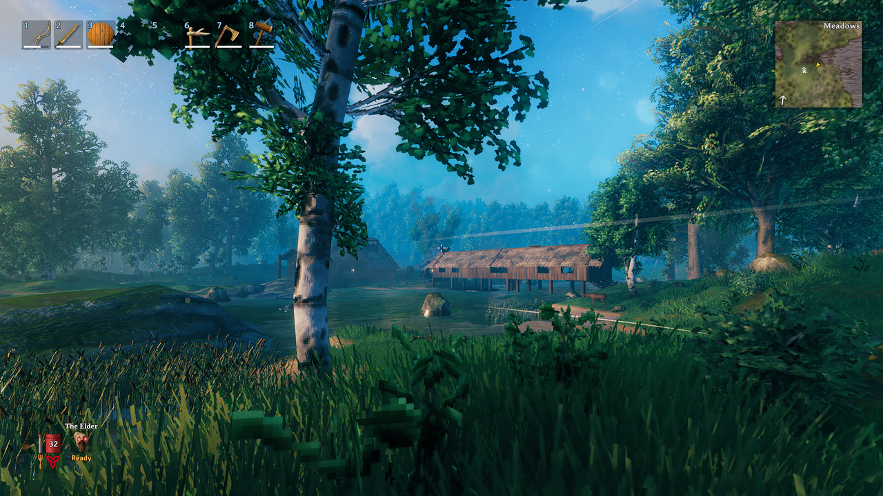 Valheim village with chromatic aberration on and off