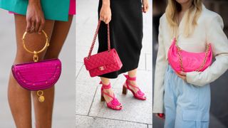 A composite of street style influencers showing the best bags for barbiecore trend