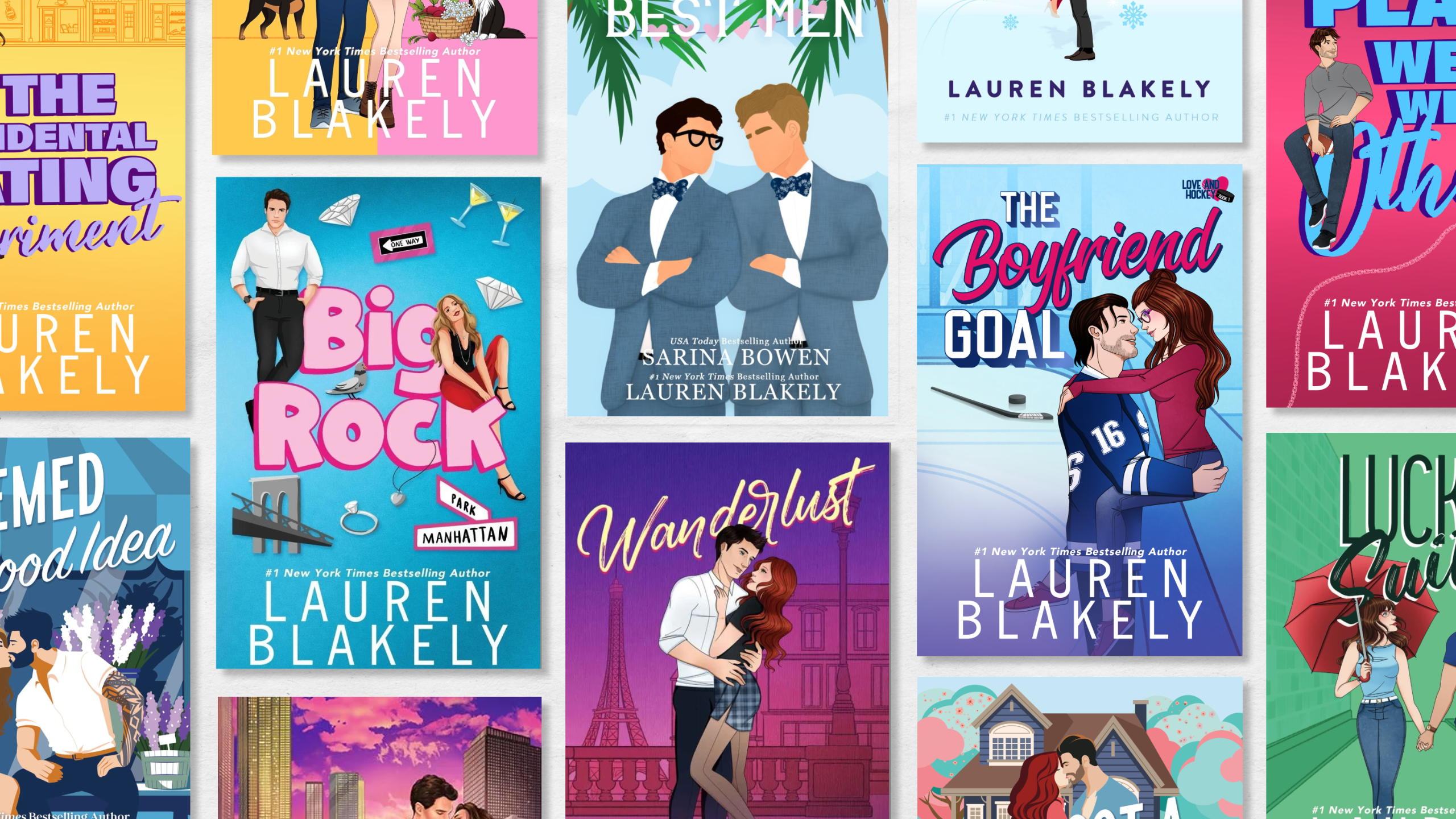 a collage of books by romance novelist lauren blakely including big rock wanderlust and more