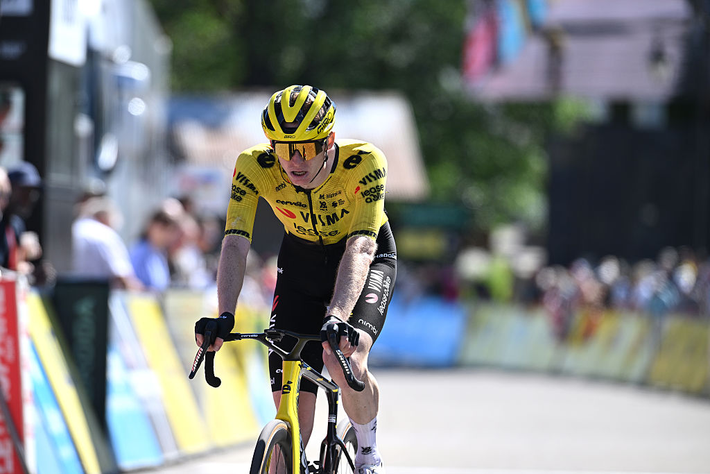 CREST-VOLAND, FRANCE - JUNE 12: Matteo Jorgenson of United States and Team Visma | Lease a Bike crosses the finish line during the 78th Tour Auvergne-Rhone-Alpes 2026, Stage 6 a 182.3km stage from Saint-Vulbas to Crest-Voland 1211m / #UCIWT / on June 12, 2026 in Crest-Voland, France. (Photo by Dario Belingheri/Getty Images)