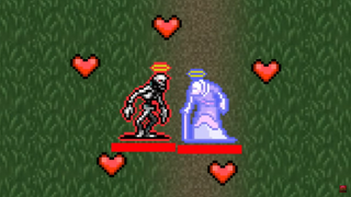 A screenshot from Vampire Survivors of a pixelated skeleton and ghost standing next to each other in a grassy field. They are surrounded by a ring of hearts.