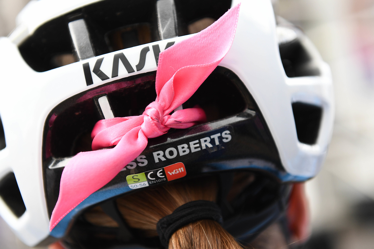 Picture by Simon Wilkinson/SWpix.com - 08/06/2022 - Cycling - The Womenâ€™s Tour 2022 - Stage Three - Tewkesbury to Gloucester, England - Jess Roberts of Team COOP Hitec Products with a pink ribbon on her helmet for breast cancer awareness