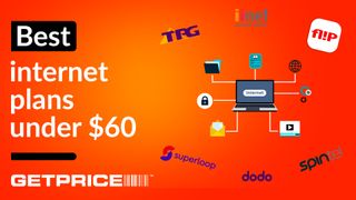 Red/orange background with text on the left hand side that says Best internet plans under $60 with GetPrice logo underneath with scattered logos of internet providers on the right hand side