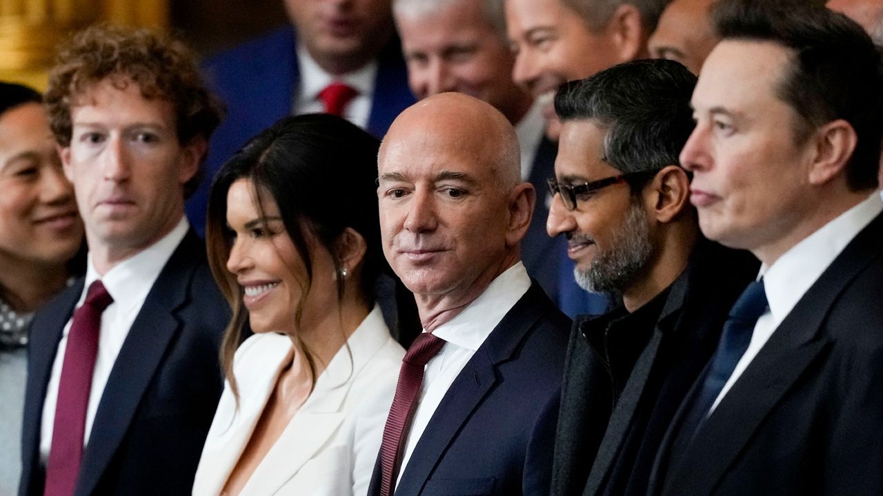 Mark Zuckerberg, Lauren Sanchez, Jeff Bezos, Sundar Pichai and Elon Musk at Trump&#039;s inauguration at the US Capitol 