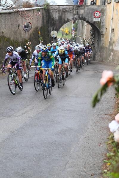 The peloton passes under the bridge in Cunardo