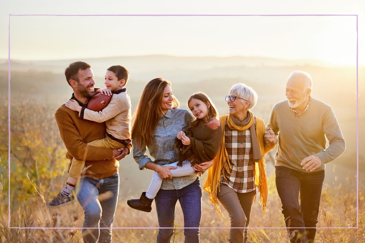 grandparents walking with their children and grandchildren