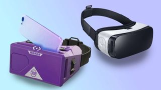 Samsung gear VR and Merge VR headset, side by side on green and purple gradient background