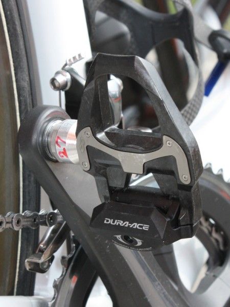 The basic shape of this prototype Dura-Ace pedal is similar to the existing model but carbon fiber bodies shave 40g per pair.