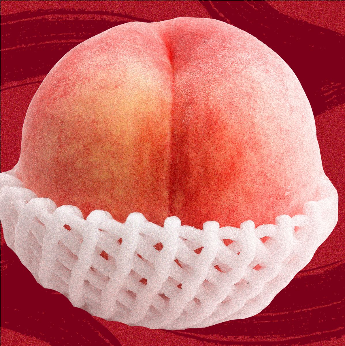 a peach with a white mesh base on a red background