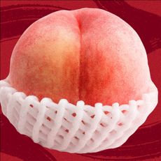 a peach with a white mesh base on a red background