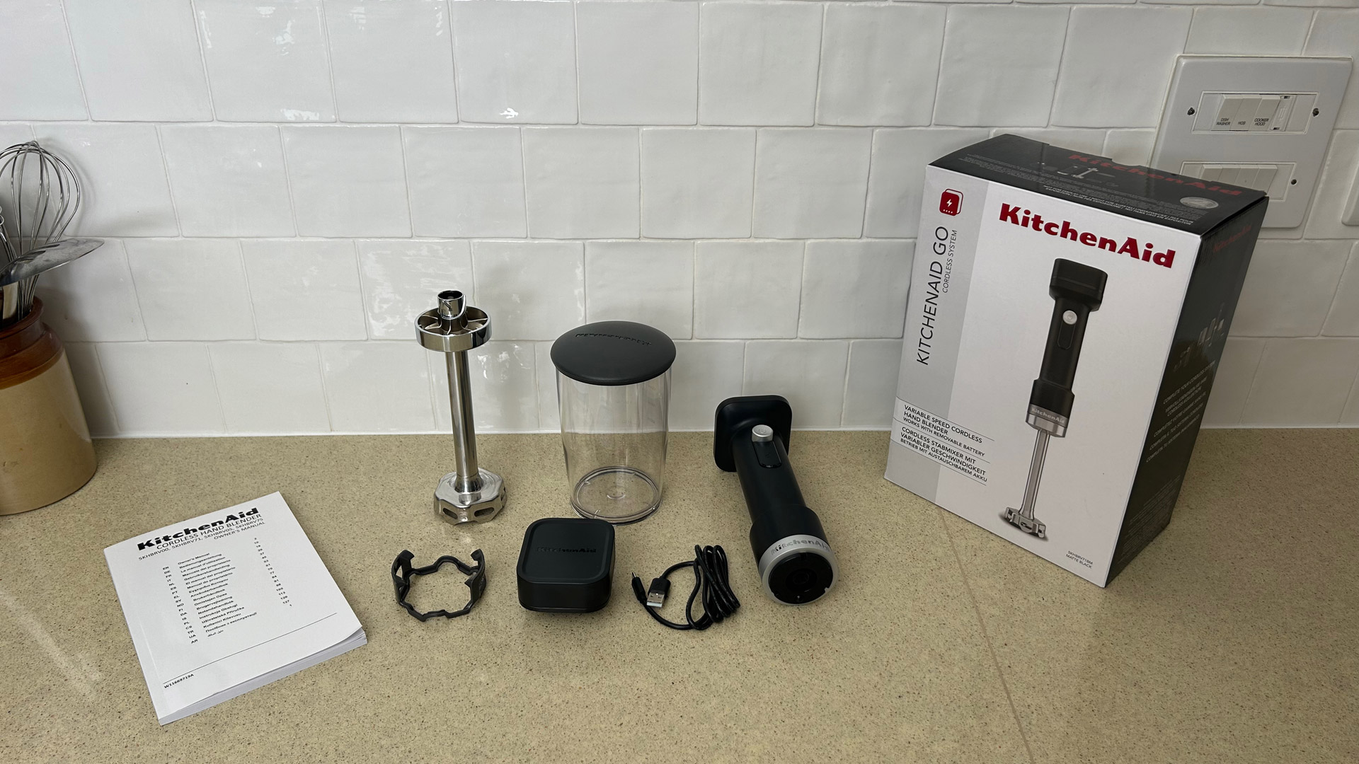 The KitchenAid Go Cordless Hand Blender with all its accessories