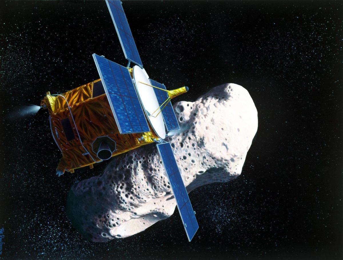 An artist's illustration of NASA's NEAR-Shoemaker spacecraft at the asteroid Eros.