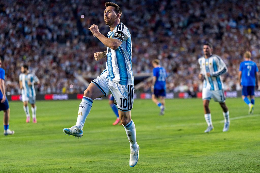 Lionel Messi #10 of Argentina celebrates a goal during the international friendly match between Argentina and Iceland at Jordan-Hare Stadium on June 9, 2026 in Auburn, Alabama