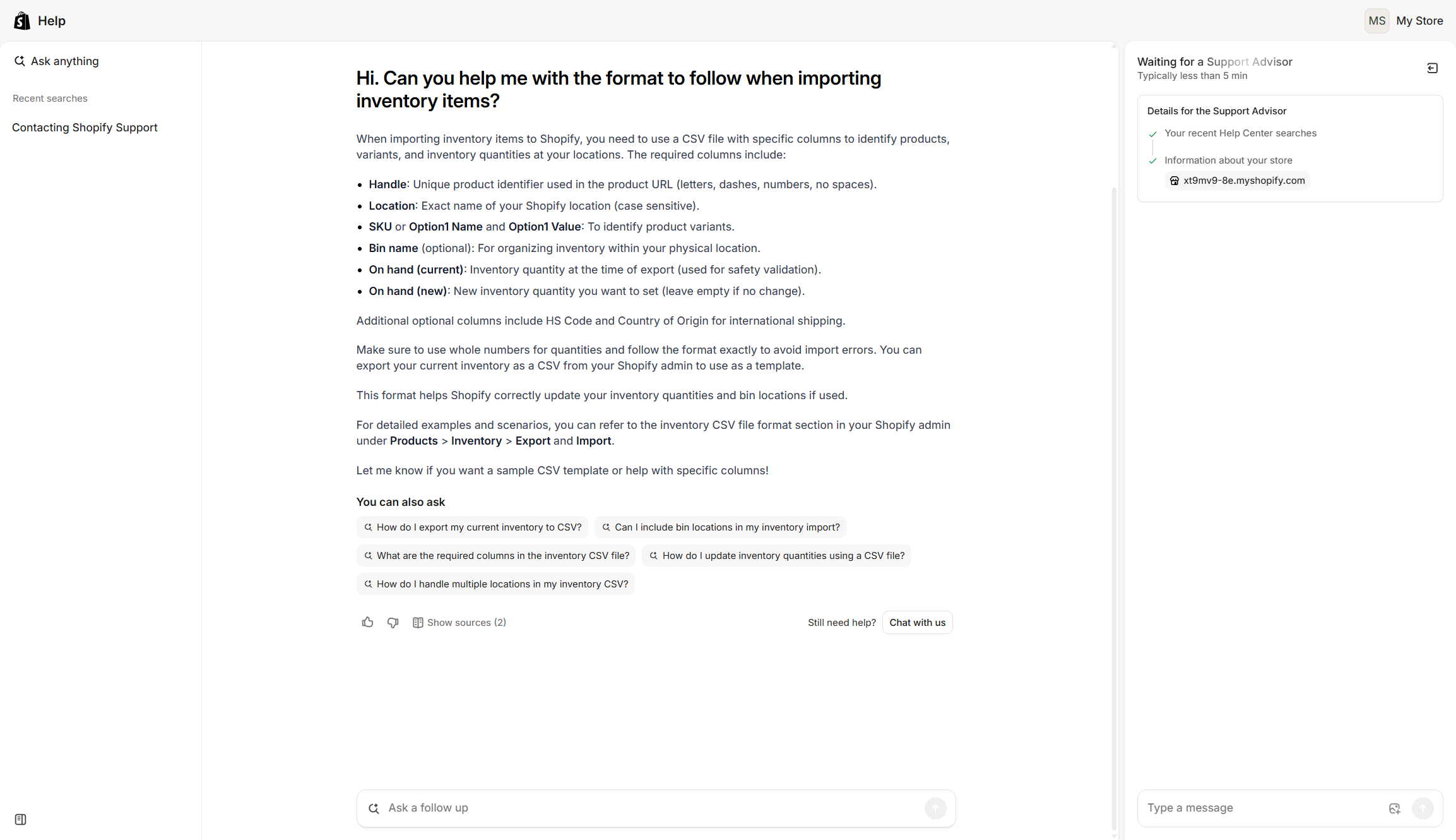 Screenshot of Shopify support chat page.