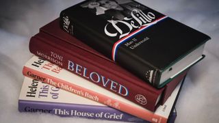 Stack of books, including 'Beloved' by Toni Morrison