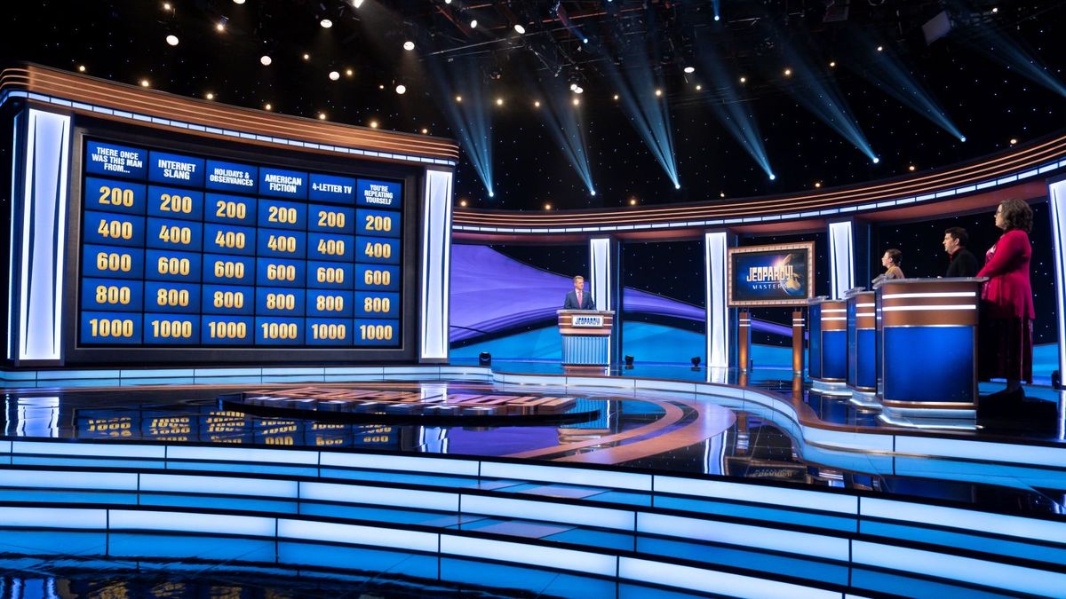 Ken Jennings, Mattea Roach, Matt Amodio and Victoria Groce on the Jeopardy Masters stage