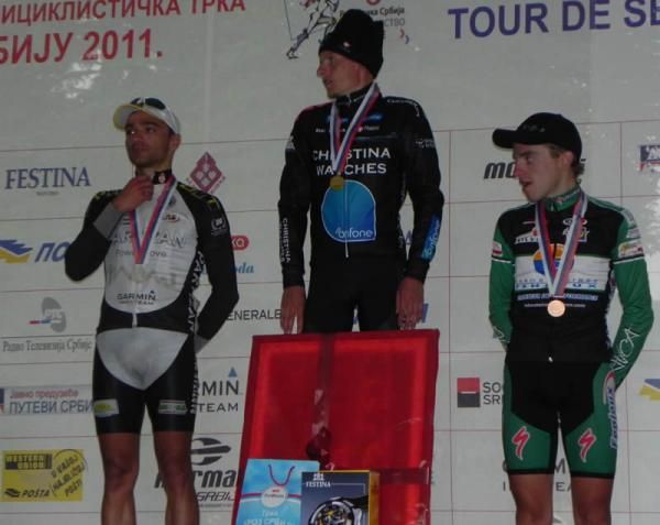 Michael Rasmussen (Christina Watches-Ofone) on the stage podium