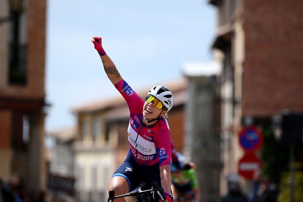 LERMA SPAIN MAY 19 Lorena Wiebes of The Netherlands and Team SD Worx Purple Leader Jersey celebrates at finish line as stage winner during the 8th Vuelta a Burgos Feminas 2023 Stage 2 a 1189km stage from Sotresgudo to Lerma UCIWWT on May 19 2023 in Lerma Spain Photo by Dario BelingheriGetty Images