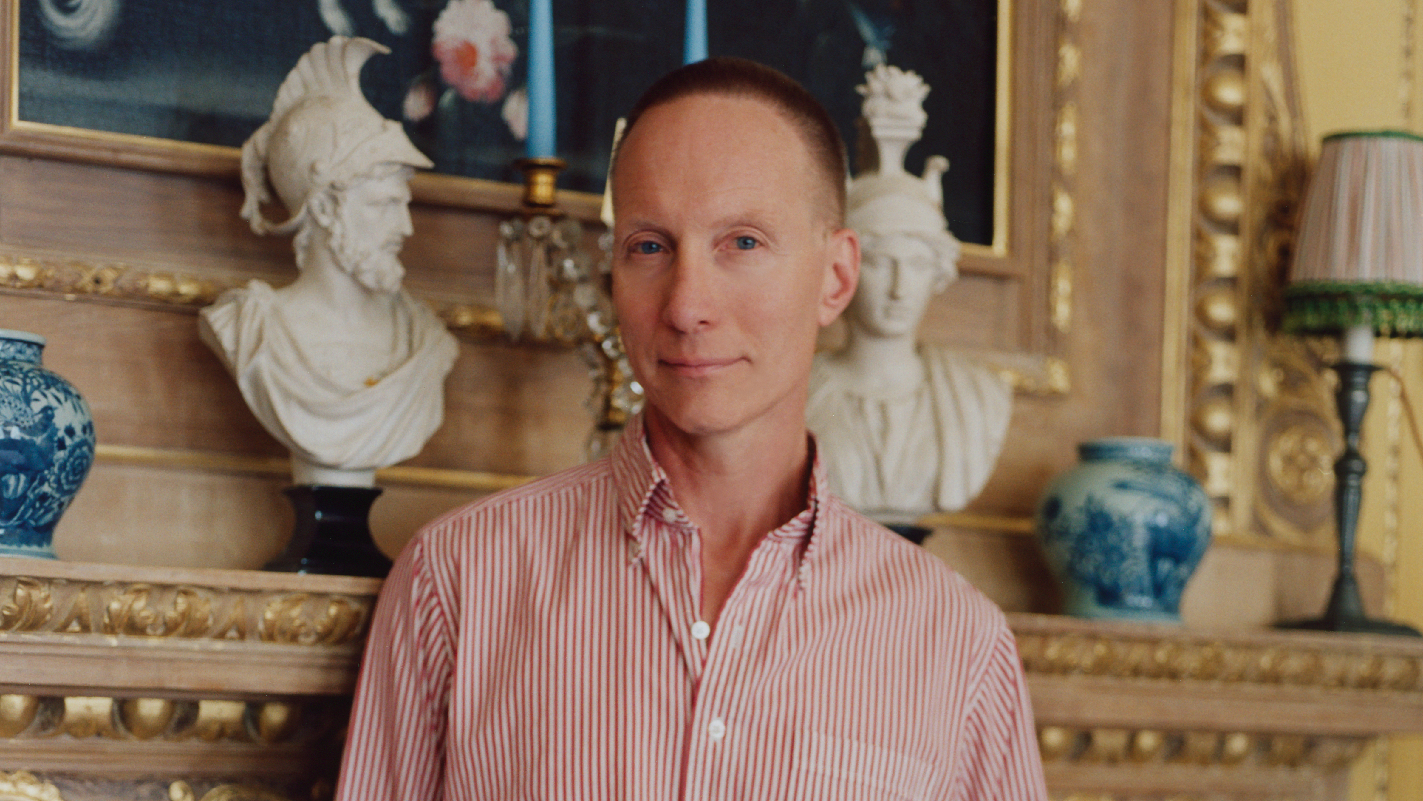 Martin Brudnizki wears a white and red striped shirt