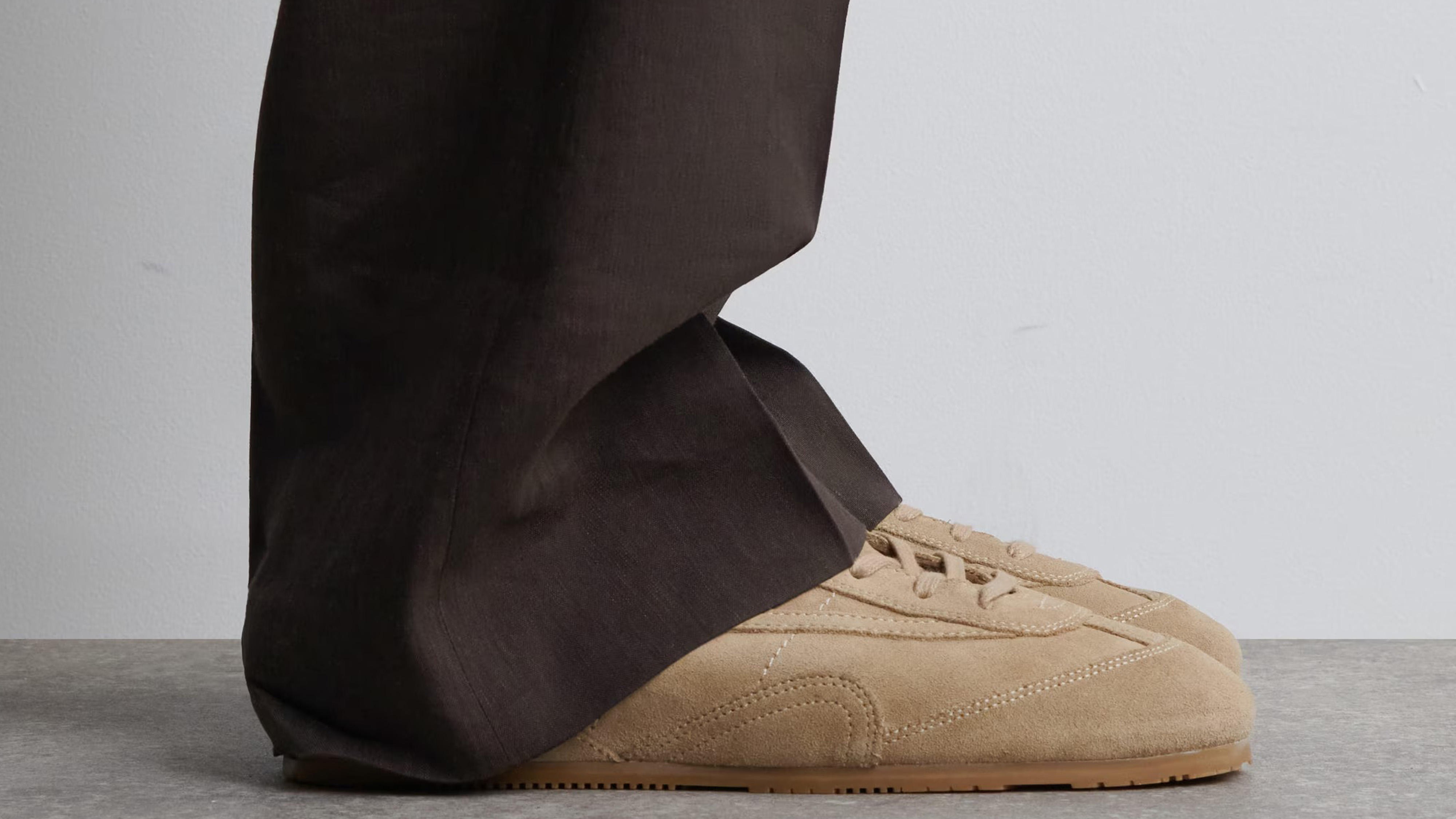 COS leather minimalist sneakers in tan suede.