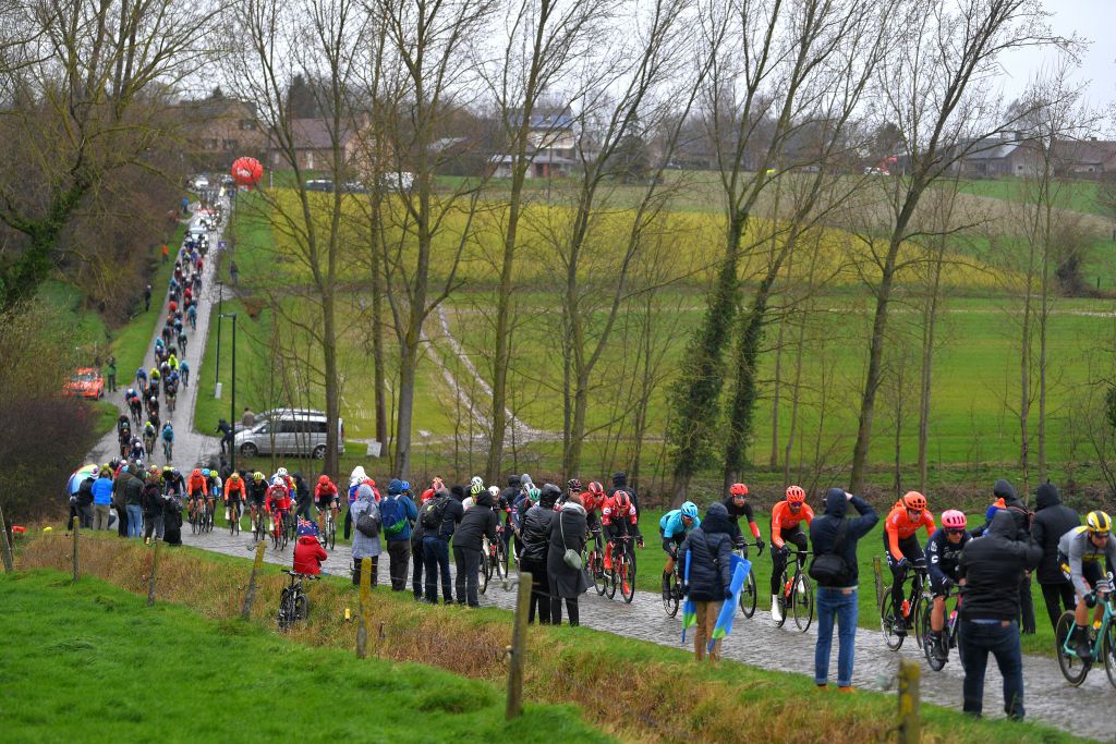 NINOVE BELGIUM FEBRUARY 29 Haaghoek Cobblestones Peloton Landscape Public Fans during the 75th Omloop Het Nieuwsblad 2020 Men Race a 200km race from Ghent to Ninove OmloopHNB OHN20 on February 29 2020 in Ninove Belgium Photo by Tim de WaeleGetty Images