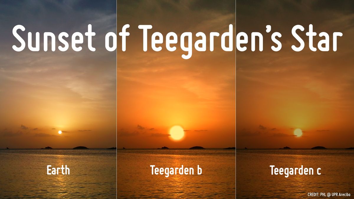 An artist's illustration to compare an Earth sunset with ones that could occur on the exoplanets Teegarden b and Teegarden c around Teegarden's Star 12.5 light-years from Earth.