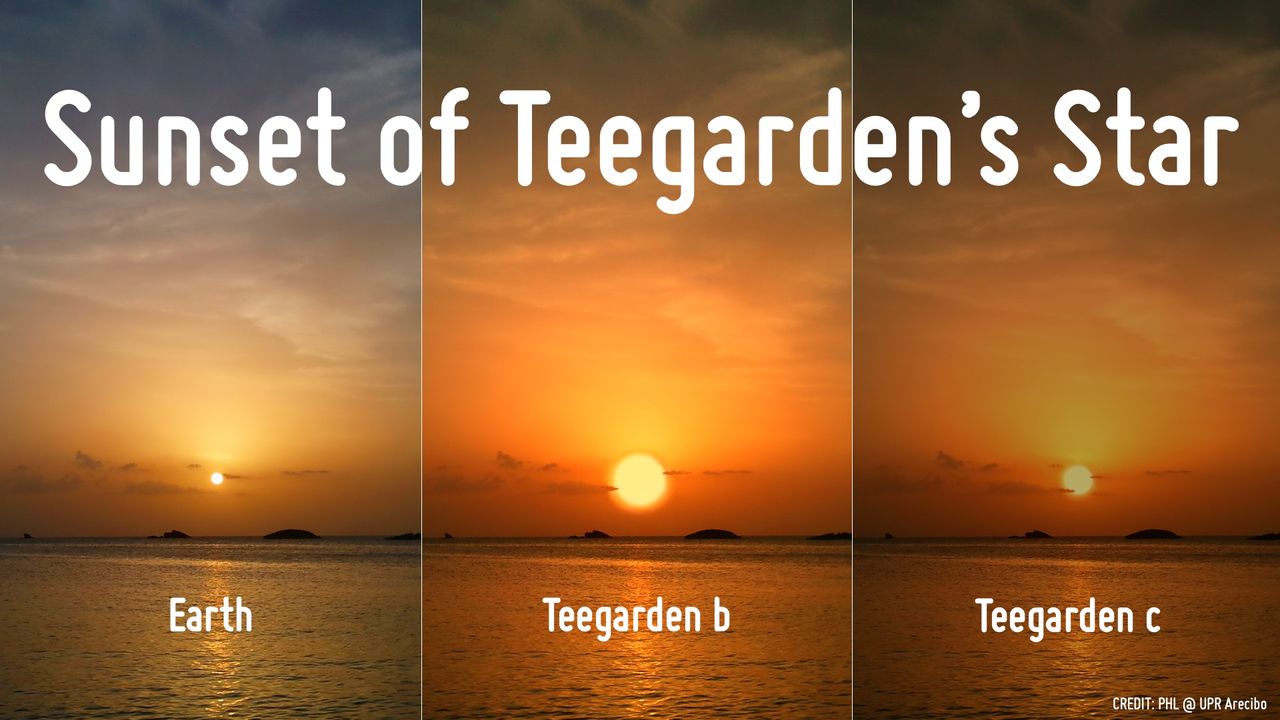 An artist's illustration to compare an Earth sunset with ones that could occur on the exoplanets Teegarden b and Teegarden c around Teegarden's Star 12.5 light-years from Earth.
