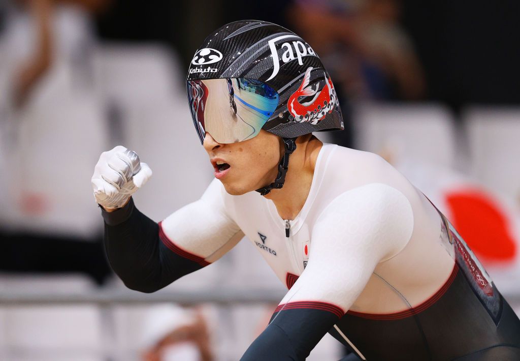 IZU JAPAN AUGUST 07 Yudai Nitta of Team Japan celebrates winning during the Mens Keirin first round heat 4 of the track cycling on day filthen of the Tokyo 2020 Olympic Games at Izu Velodrome on August 07 2021 in Izu Shizuoka Japan Photo by Tim de WaeleGetty Images