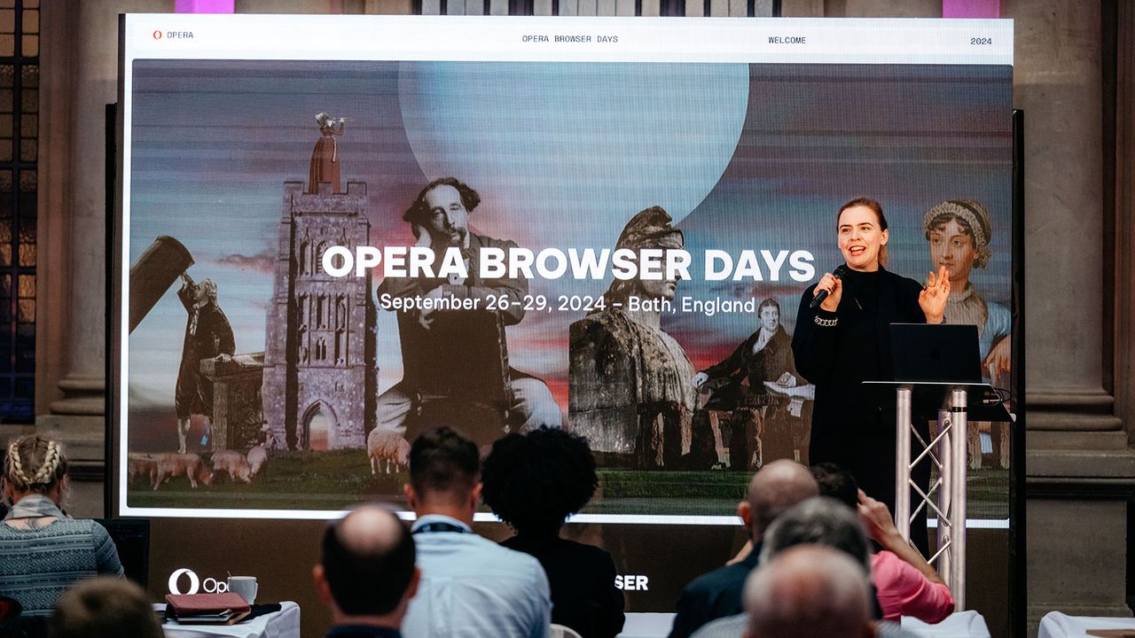 A photo of Julia Szyndzielorz, Director of Global Communications at Opera, opening up the Opera Browser Days conference held in Bristol on September 27, 2024.