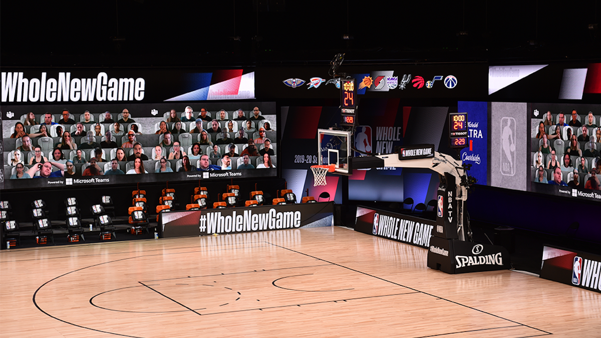 Courts in the NBA bubble were outfitted with 17-foot-tall LED screens that wrap three sides of the arena to display seating that is populated with more than 300 virtual fans.