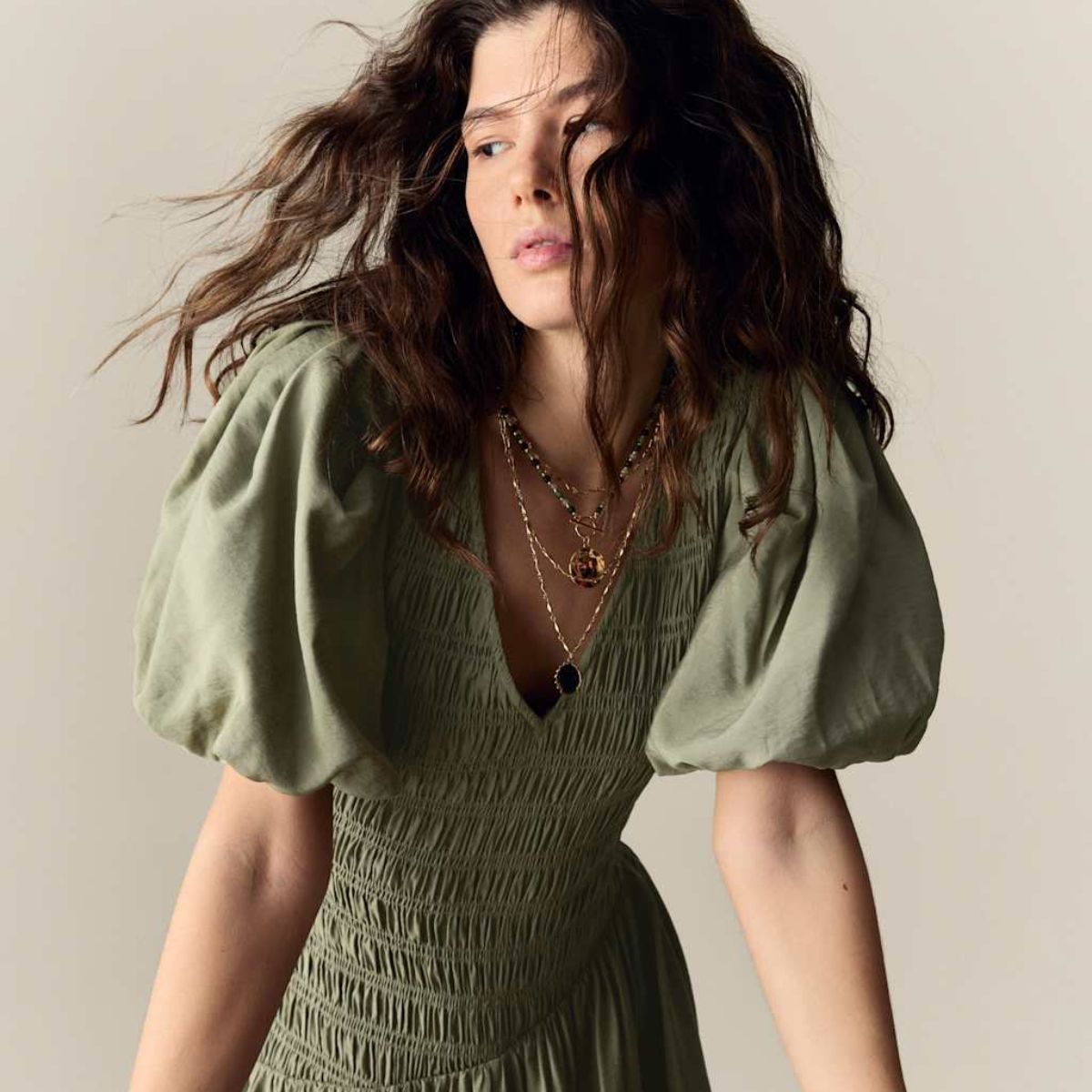 a green shirred M&S dress