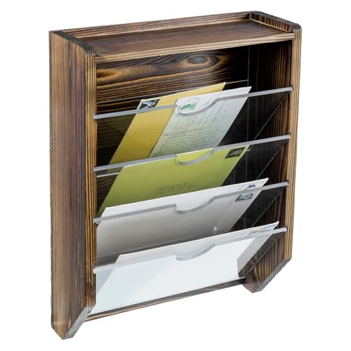 Mygift 4-Tier Wall Mounted Mail Holder Rack, Urban Modern Burnt Wood Hanging Letter Sorter With Removable Acrylic Panels