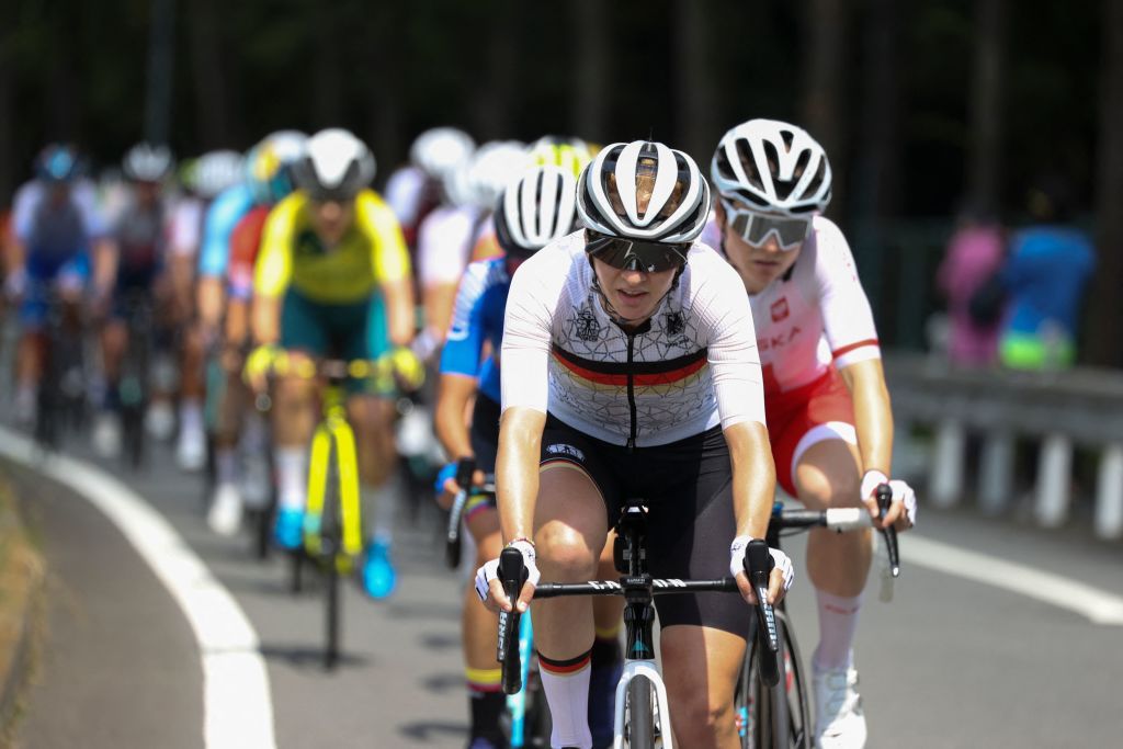 Germanys Hannah Ludwig leads the peloton during the womens cycling road race of the Tokyo 2020 Olympic Games after the race start at Musashinonomori Park on the outskirts of Tokyo Japan on July 25 2021 Photo by MICHAEL STEELE POOL AFP Photo by MICHAEL STEELEPOOLAFP via Getty Images