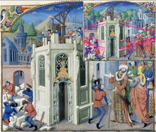 Reconstruction of the temple in Jerusalem. Illumination of a manuscript by Guillaume de Tyr; 12th Century. Inset shows a reconstruction with perspective lines.